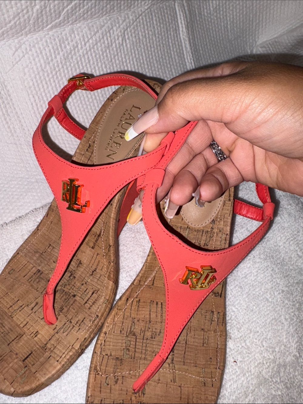 Lauren Ralph Coral Thong Wedge Sandals with Gold RL Emblem